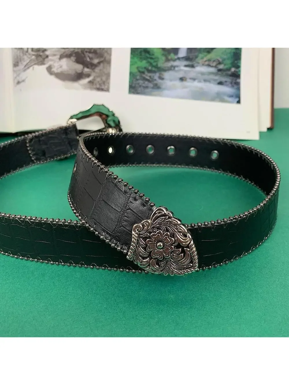 Y2k 2000s style black western silver boho belt. 38.5 inches length. Unisex